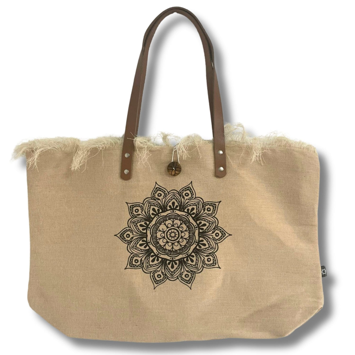 Eco - Friendly Natural Tote Bag with Leather Handles and Flower of Life Design - SHAMTAM.COM