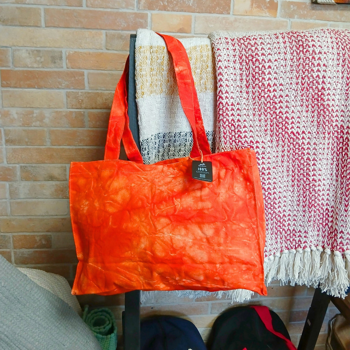 Desert Orange Stonewash Effect Handy Tote Bag with Marbled Tie - Dye Pattern - Lightweight Fabric with Dual Handles - SHAMTAM.COM