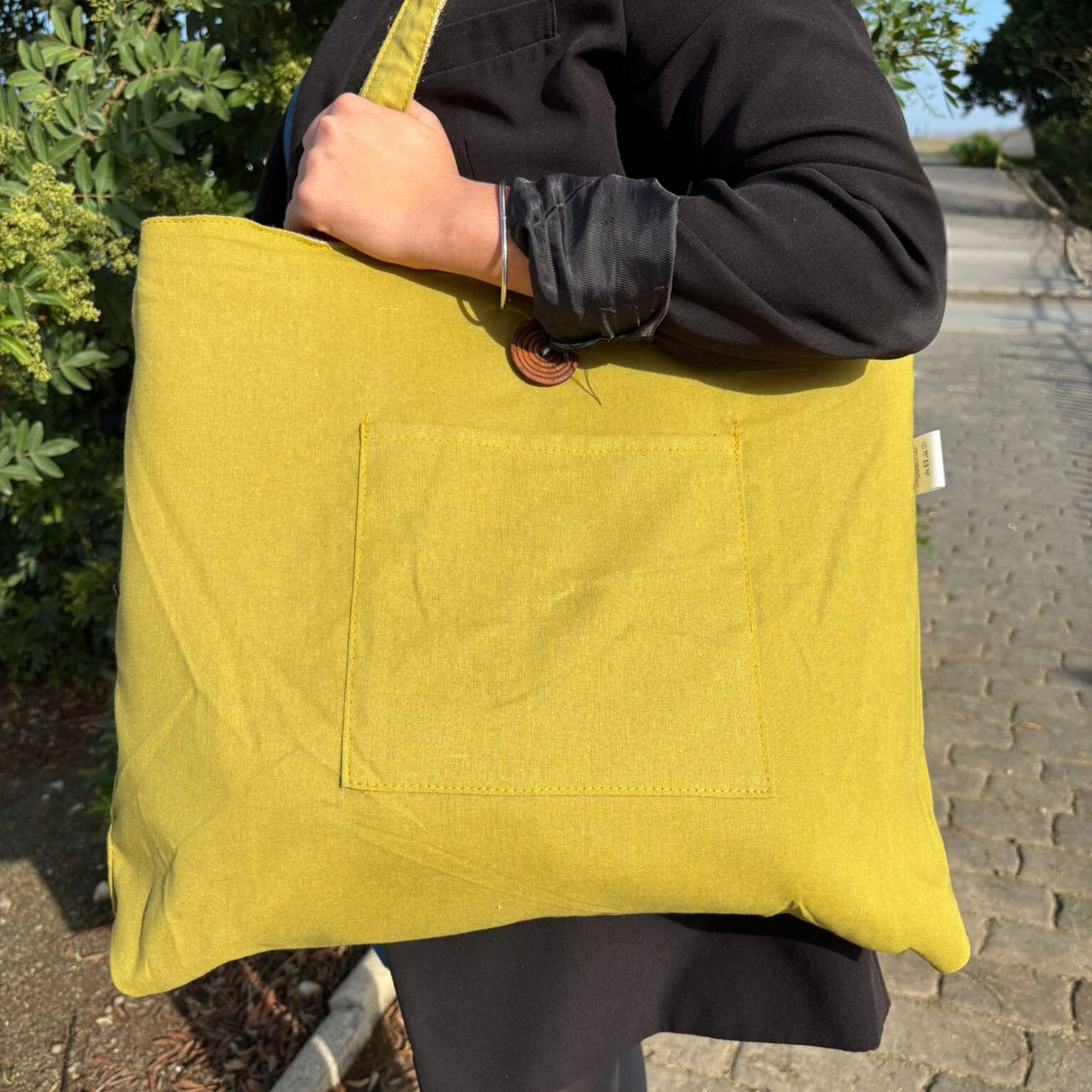 Organic Cotton & Jute Reversible Tote Bag with Front Pocket - Pistachio Yellow Eco - Friendly Shopper - SHAMTAM.COM