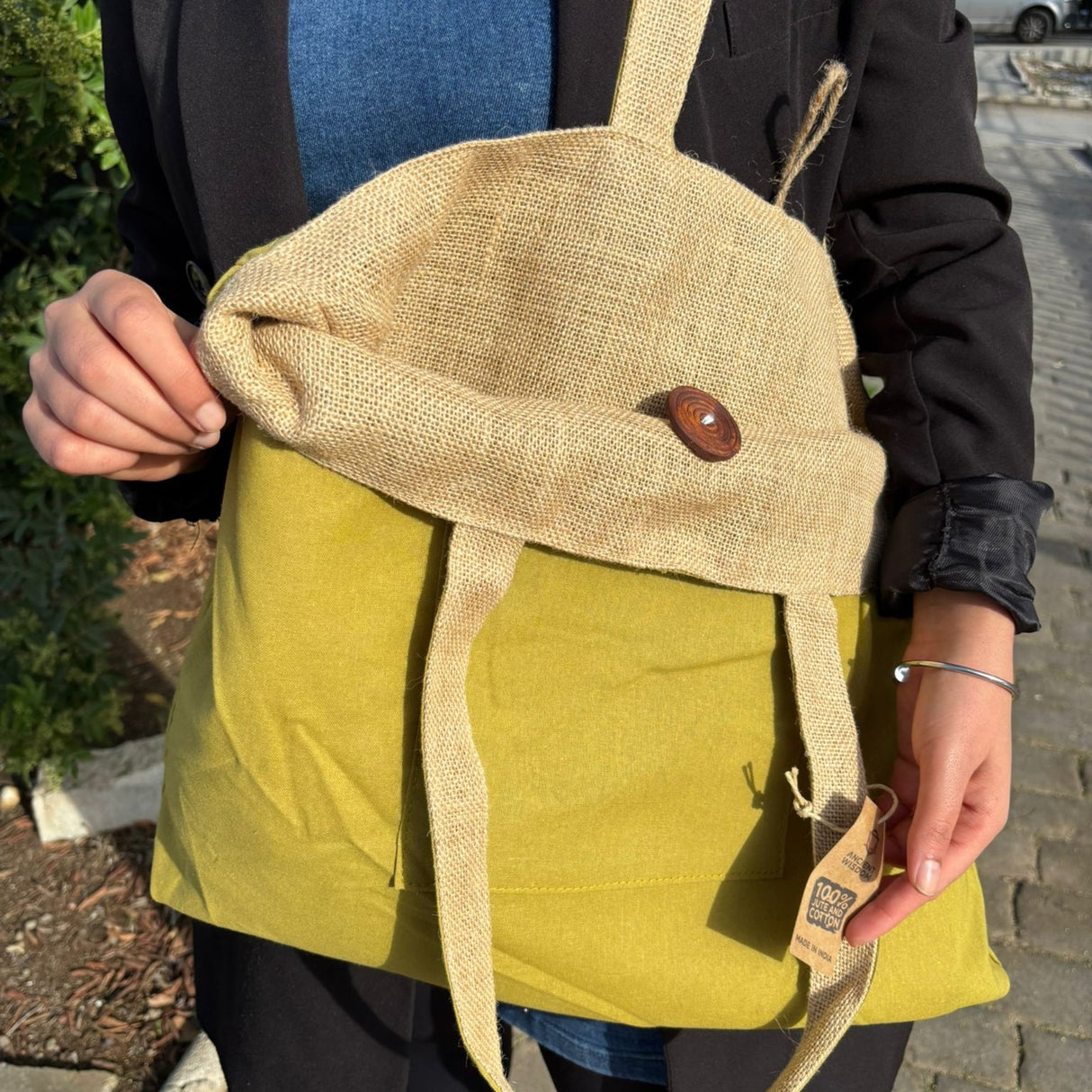 Organic Cotton & Jute Reversible Tote Bag with Front Pocket - Pistachio Yellow Eco - Friendly Shopper - SHAMTAM.COM