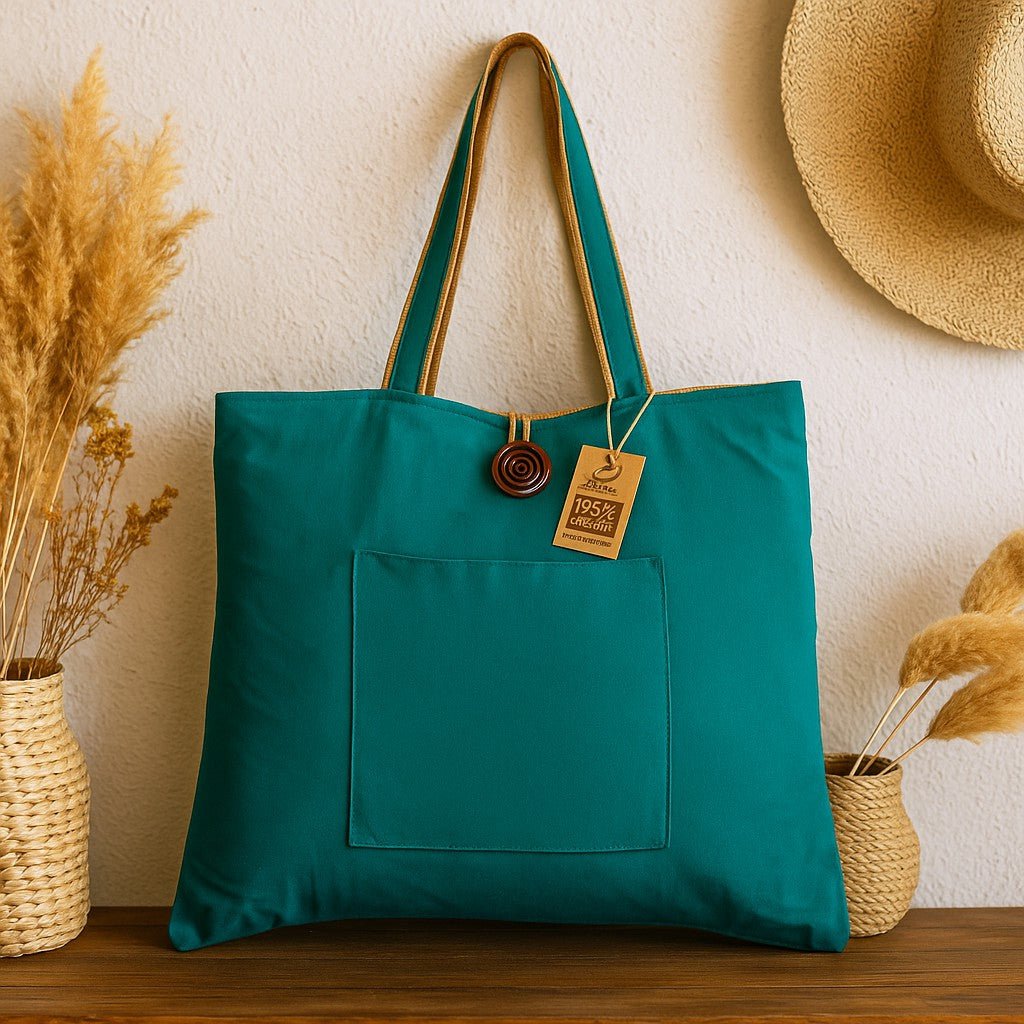 Teal tote bag with a tag on a wooden surface with decorative items in the background