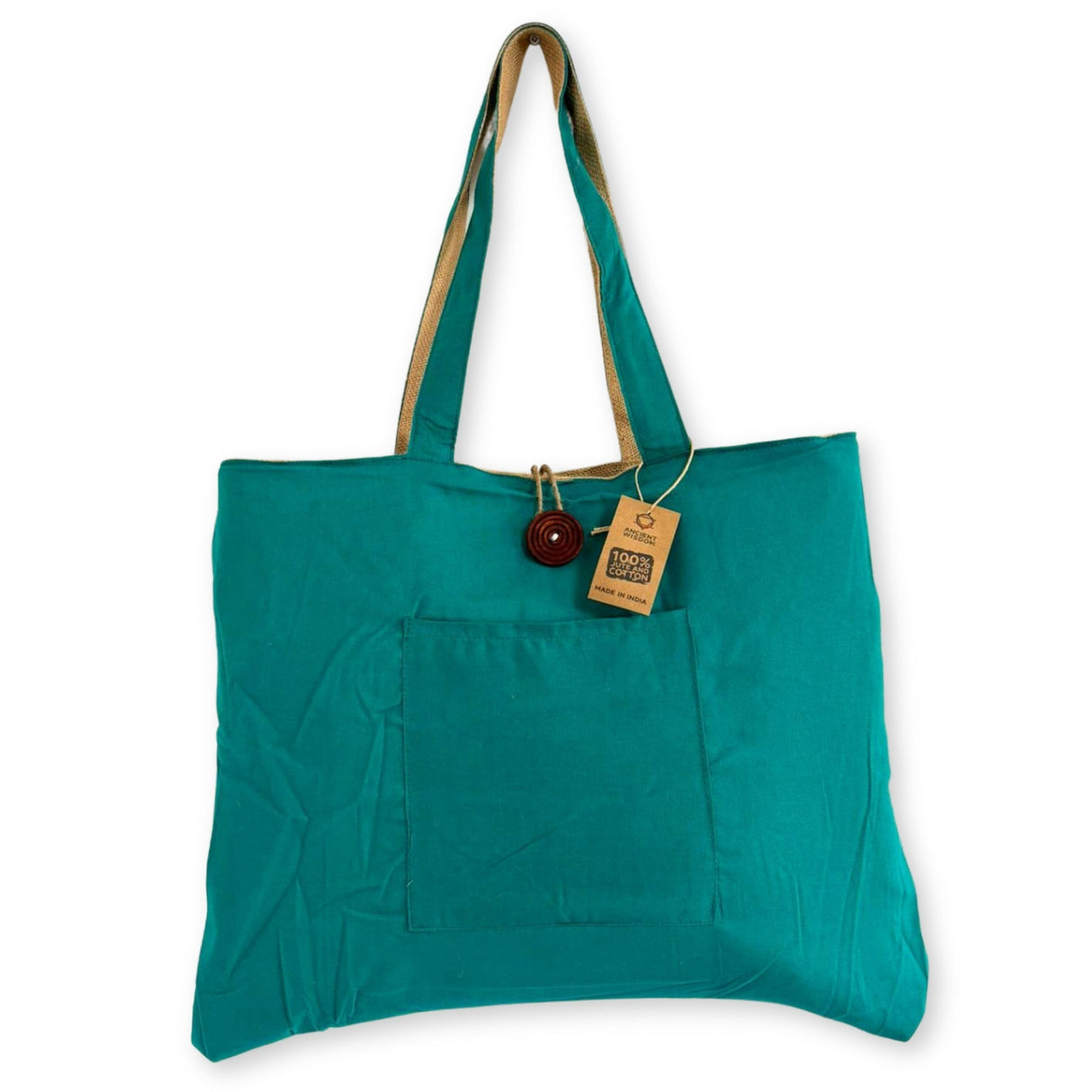 Teal Jute & Cotton Reversible Tote Bag with Front Pocket and Button Closure - Casual Everyday Handbag - SHAMTAM.COM