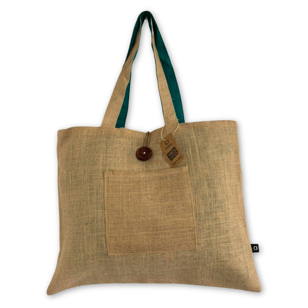 Teal Jute & Cotton Reversible Tote Bag with Front Pocket and Button Closure - Casual Everyday Handbag - SHAMTAM.COM
