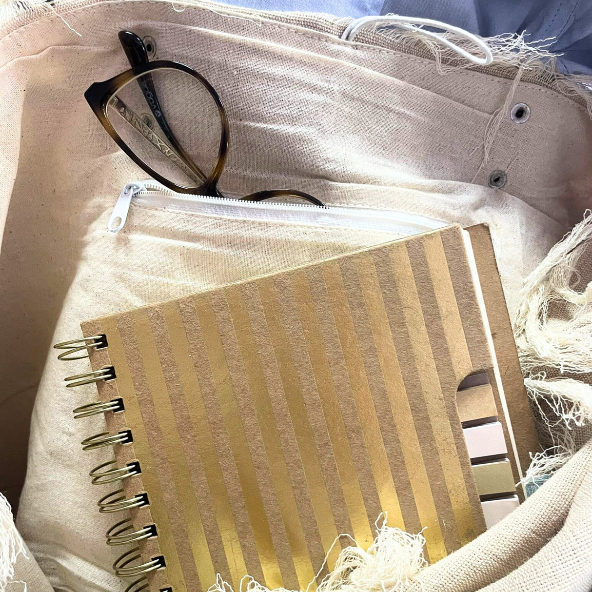 Eco - Friendly Natural Tote Bag with Leather Handles - Inspirational Design with Frayed Edges and Secure Closure - SHAMTAM.COM