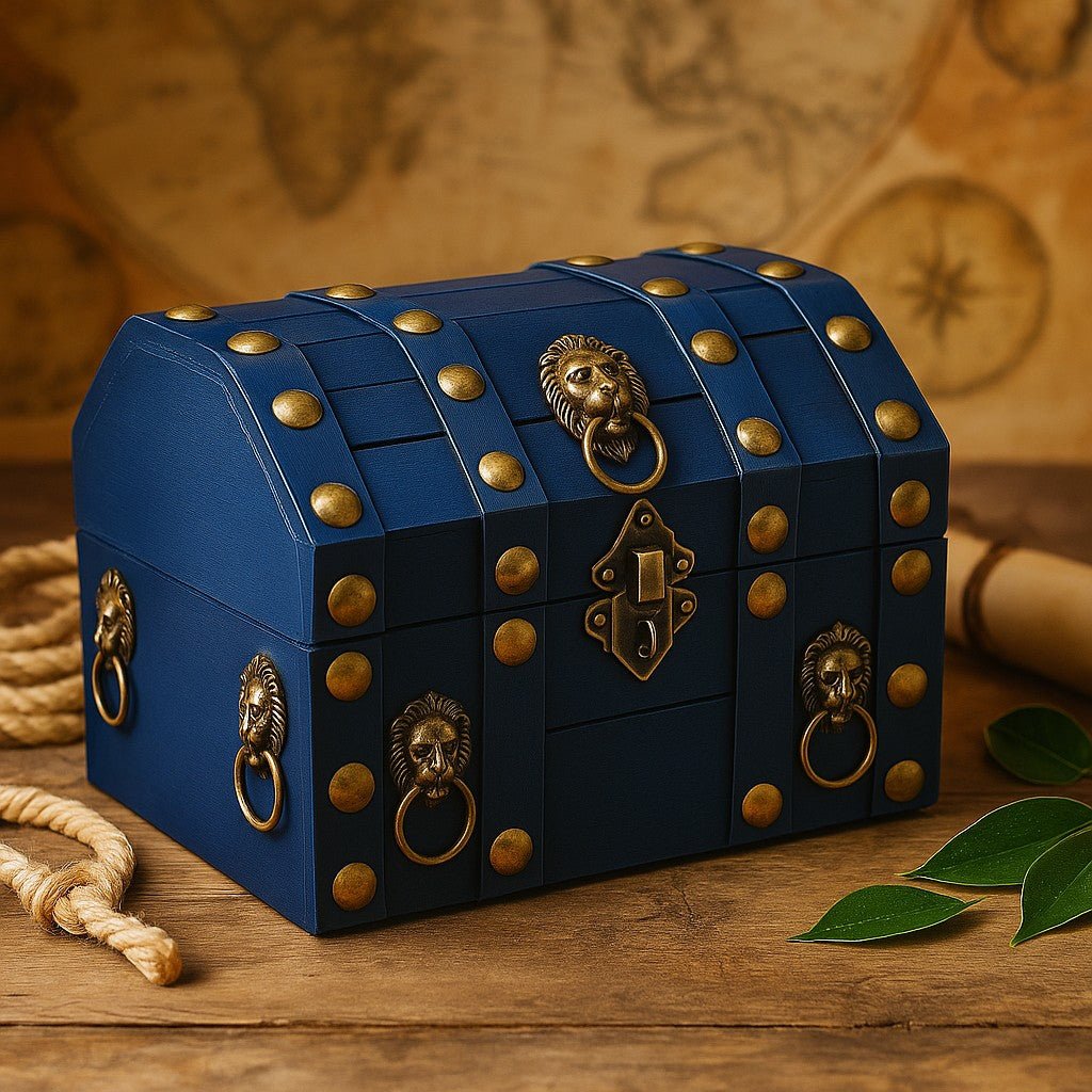 Blue treasure chest with gold accents on a wooden surface with a world map in the background