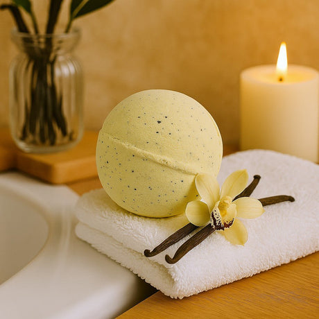 Yellow bath bomb on a white towel with vanilla beans and a candle in the background