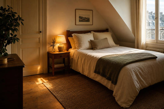 A calm, uncluttered European bedroom corner arranged with a bed clear of the sloped ceiling