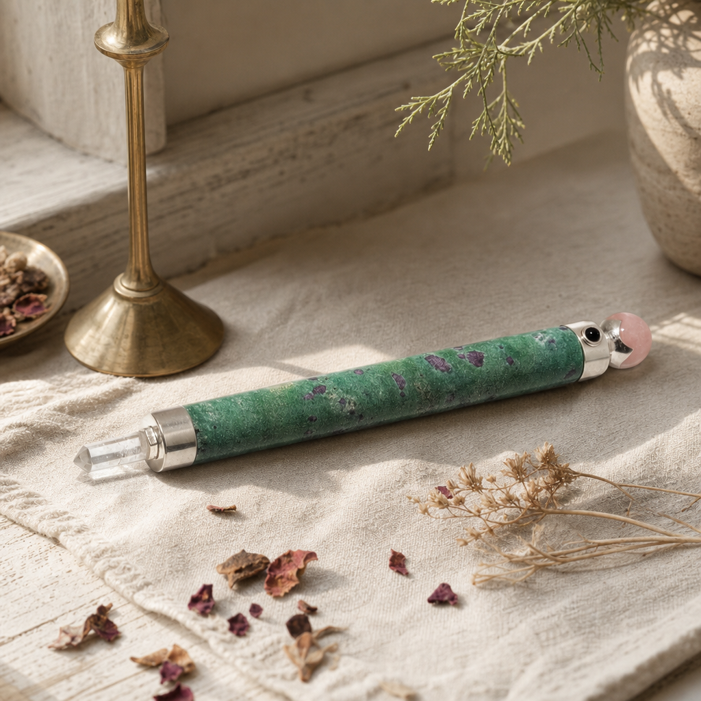 Verdant Heart Wand - Ruby Fuchsite Rose Quartz Crystal Ball top - 23cm — styled in a warm, naturally lit interior