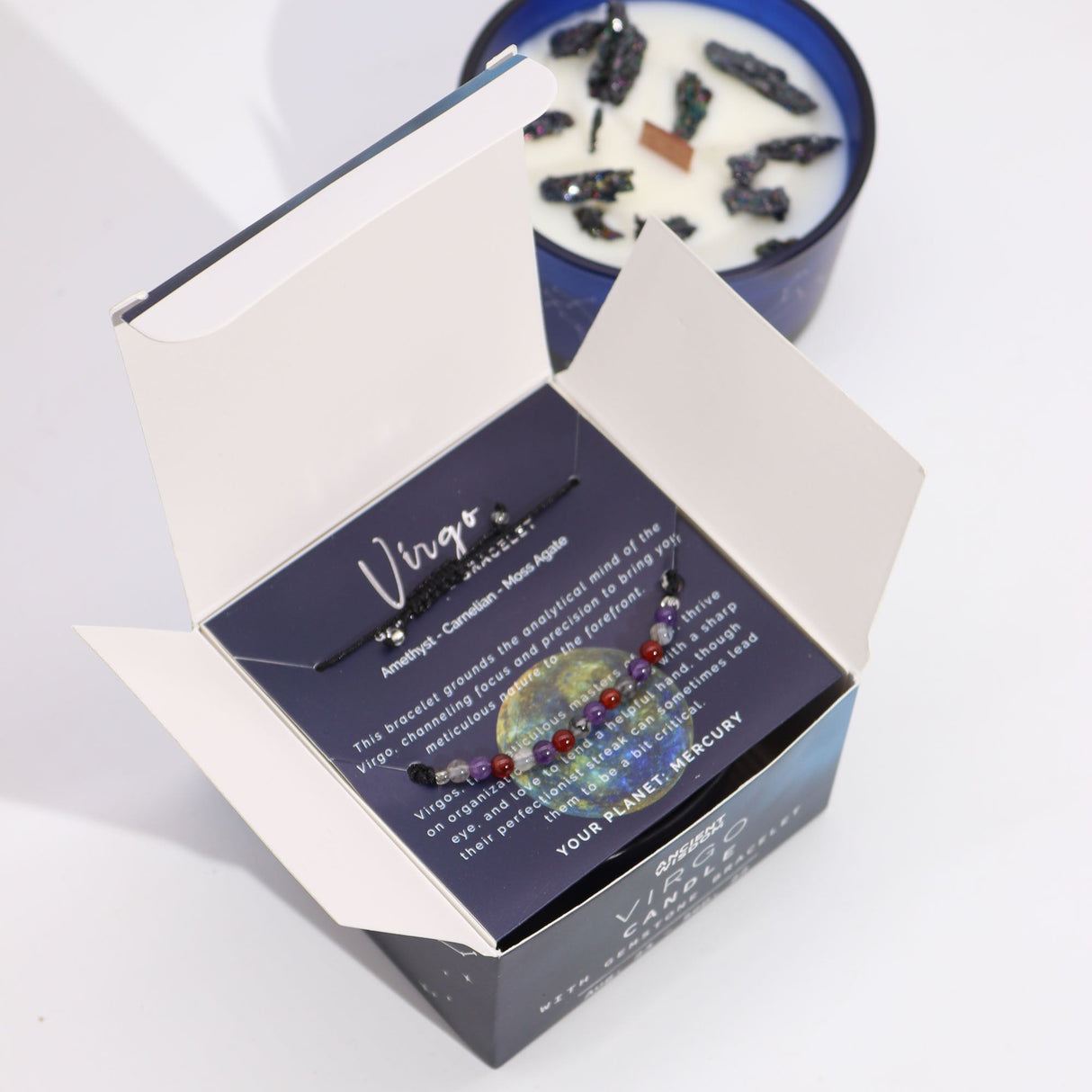 Virgo Zodiac Crystal Candle & Gemstone Bracelet Set – Aromatic Self - Care Gift with Amethyst, Carnelian, Moss Agate - SHAMTAM.COM