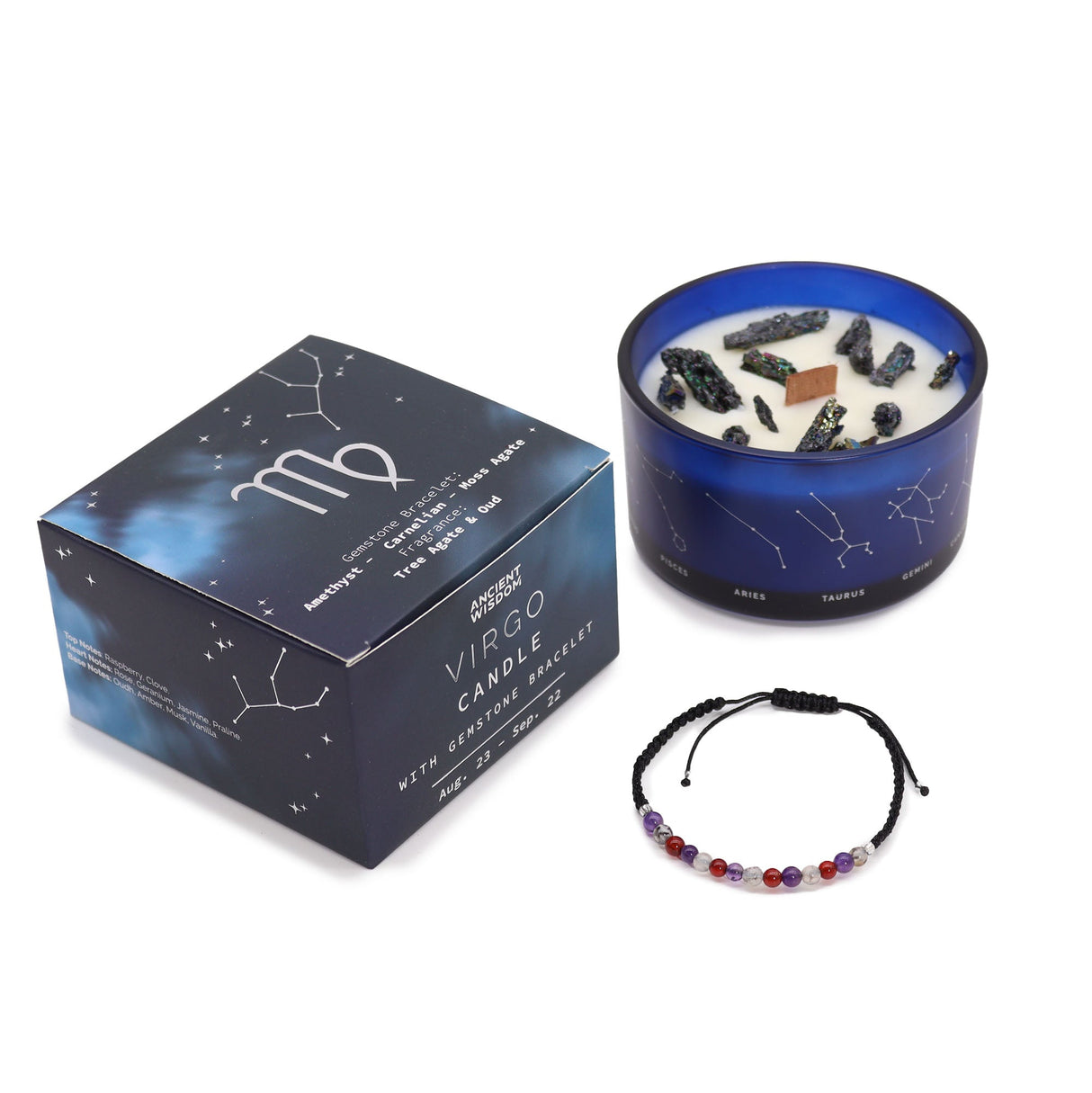 Virgo Zodiac Crystal Candle & Gemstone Bracelet Set – Aromatic Self - Care Gift with Amethyst, Carnelian, Moss Agate - SHAMTAM.COM
