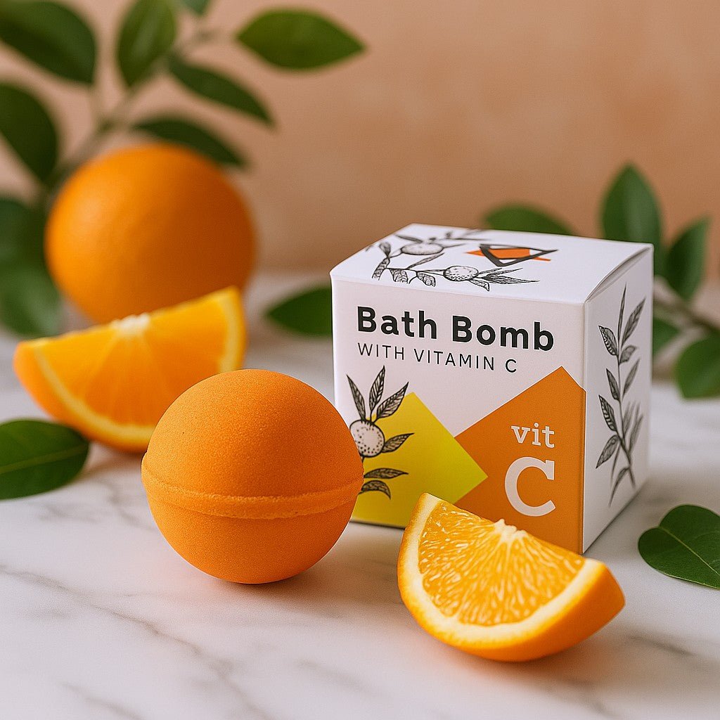 Orange bath bomb with vitamin C next to its packaging on a marble surface with oranges and leaves.