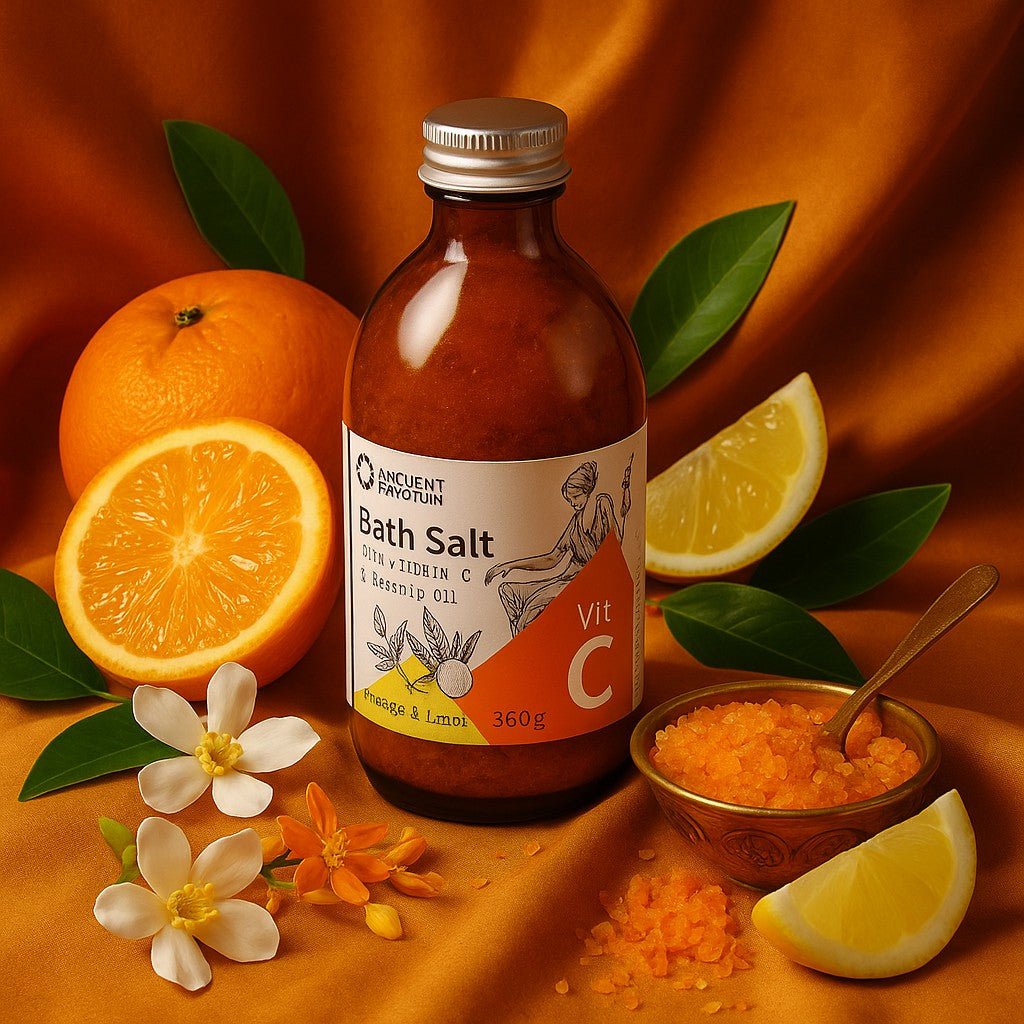 Bath salt bottle with oranges, lemons, and flowers on an orange background