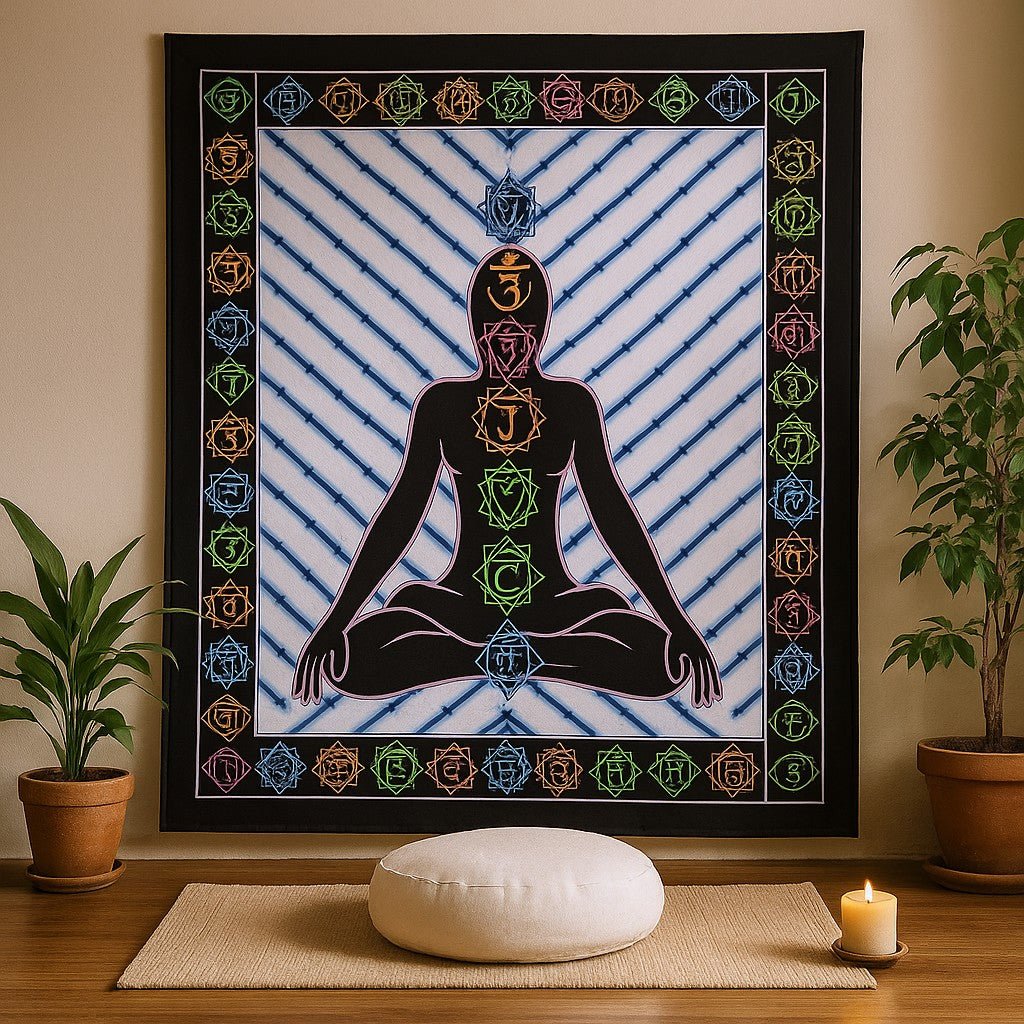 Yoga mat with chakra symbols on a wall above a meditation cushion and candle.