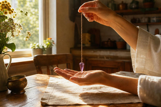 Un péndulo de amatista desciende hacia el centro de una palma abierta sobre la mesa de una cocina