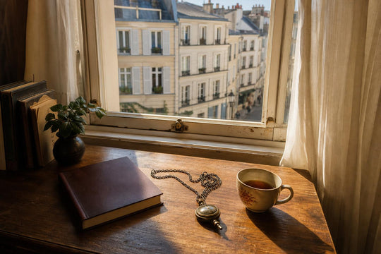 Un péndulo descansa junto a un cuaderno cerrado sobre un escritorio doméstico iluminado por la luz del final de la tarde
