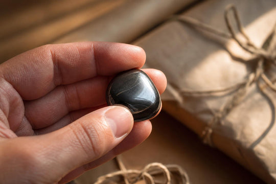 A hand holding a polished hematite stone with gift-wrapping materials softly visible behind it.