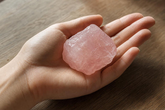 A hand holding a raw rose quartz crystal in soft window light