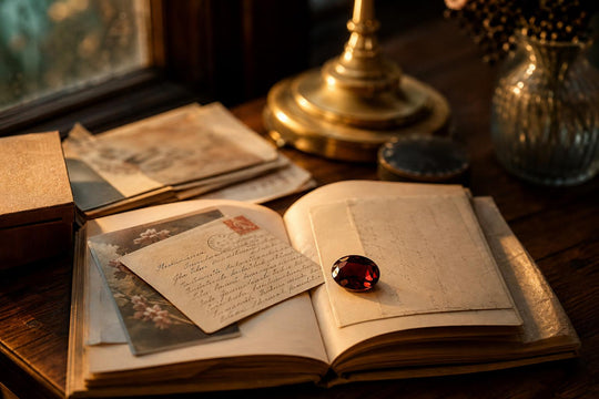 A garnet crystal resting on a stack of old letters under warm lamp light