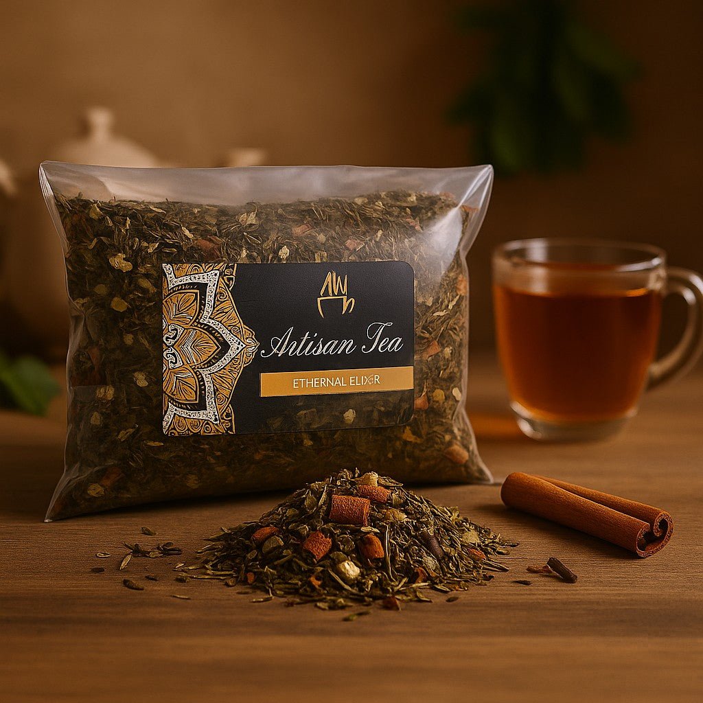 Artisan Tea package with loose tea on a wooden surface