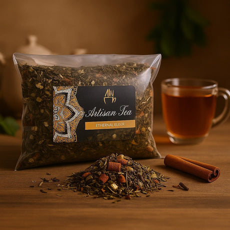 Artisan Tea package with loose tea on a wooden surface