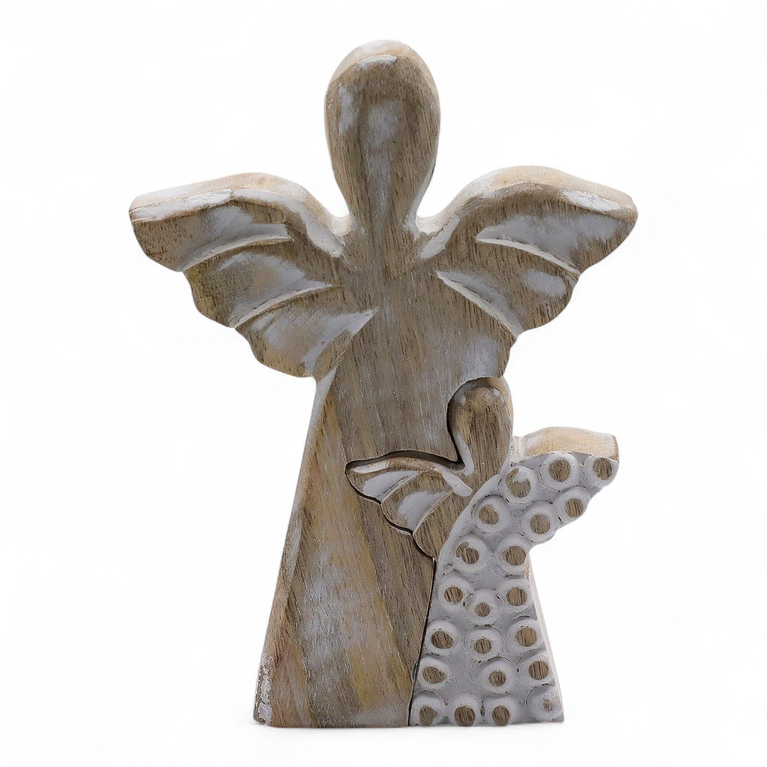 Whitewashed Hand - Carved Mango Wood Double Angel Figurine - SHAMTAM.COM