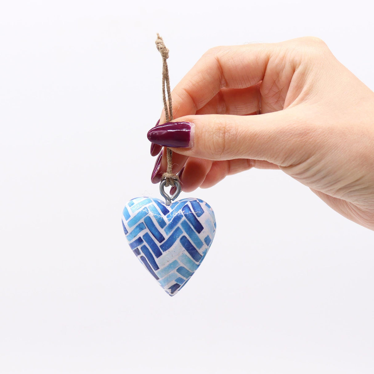 Handcrafted Blue Striped Mosaic Wood Heart Ornament with Twine for Hanging - Herringbone Design Decor - SHAMTAM.COM