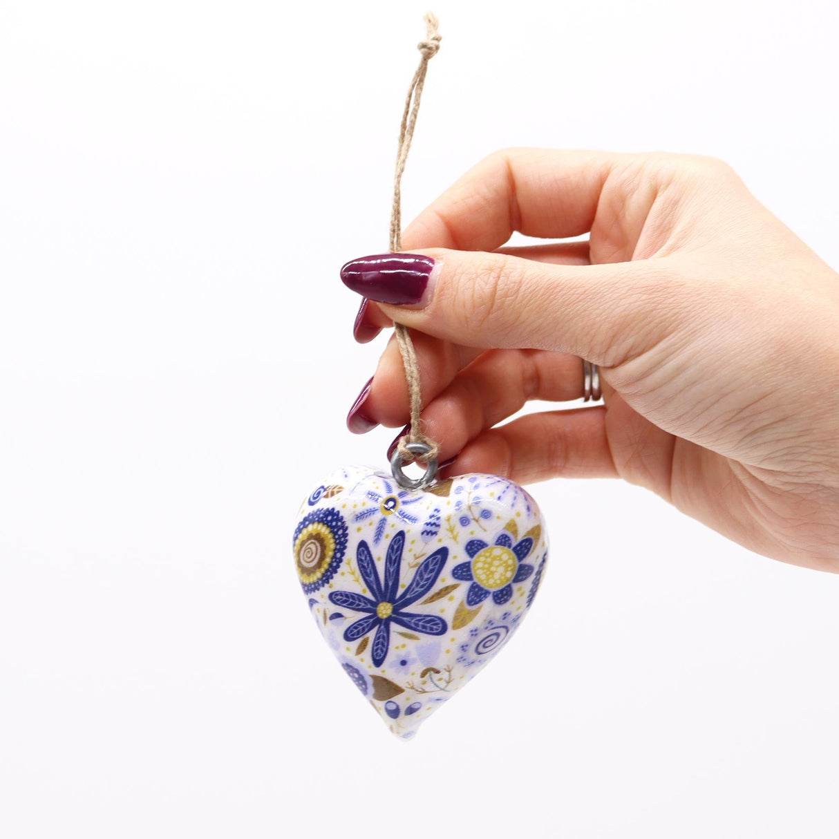 Large Blue Floral Wood Heart Ornament - Decorative Hanging Heart with Yellow Flowers - SHAMTAM.COM