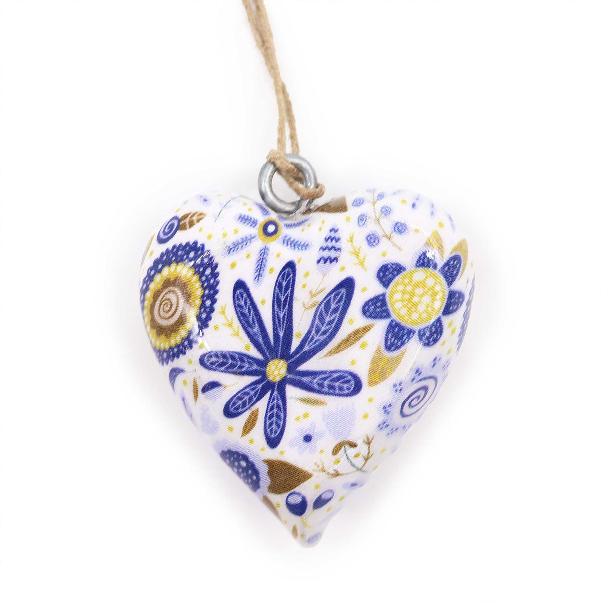 Large Blue Floral Wood Heart Ornament - Decorative Hanging Heart with Yellow Flowers - SHAMTAM.COM