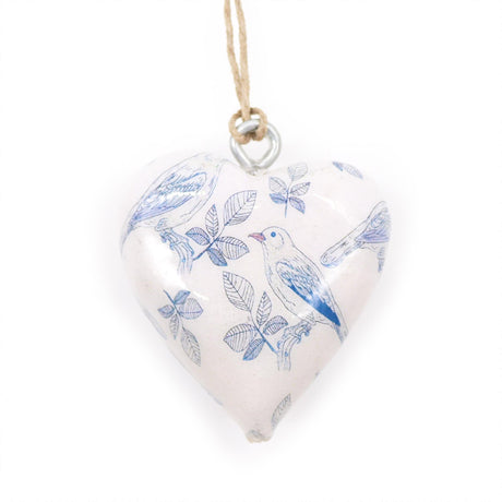 Large Decorative Heart - Shaped Ornament with Blue Bird Design - Glossy Ceramic Finish for Hanging Decor - SHAMTAM.COM