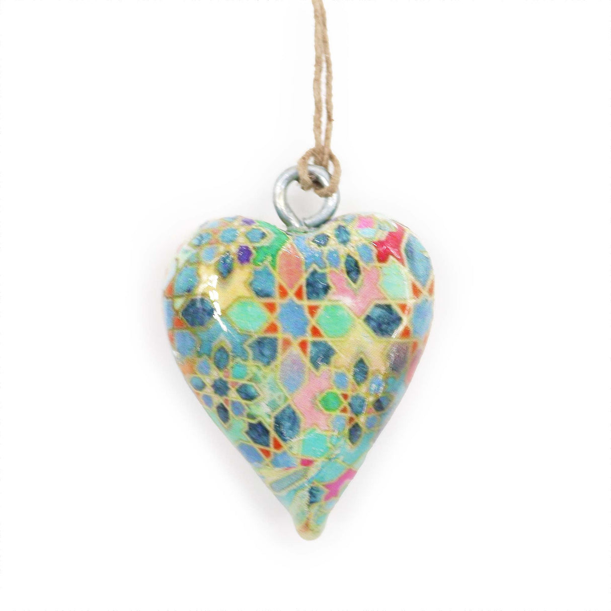 Handcrafted Mediterranean Tile Pattern Wood Heart Ornament with Glossy Finish and Twine Hanger - SHAMTAM.COM