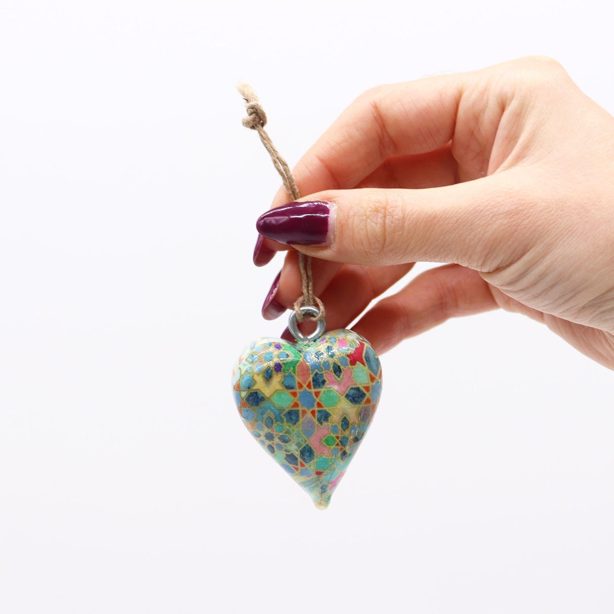 Handcrafted Mediterranean Tile Pattern Wood Heart Ornament with Glossy Finish and Twine Hanger - SHAMTAM.COM