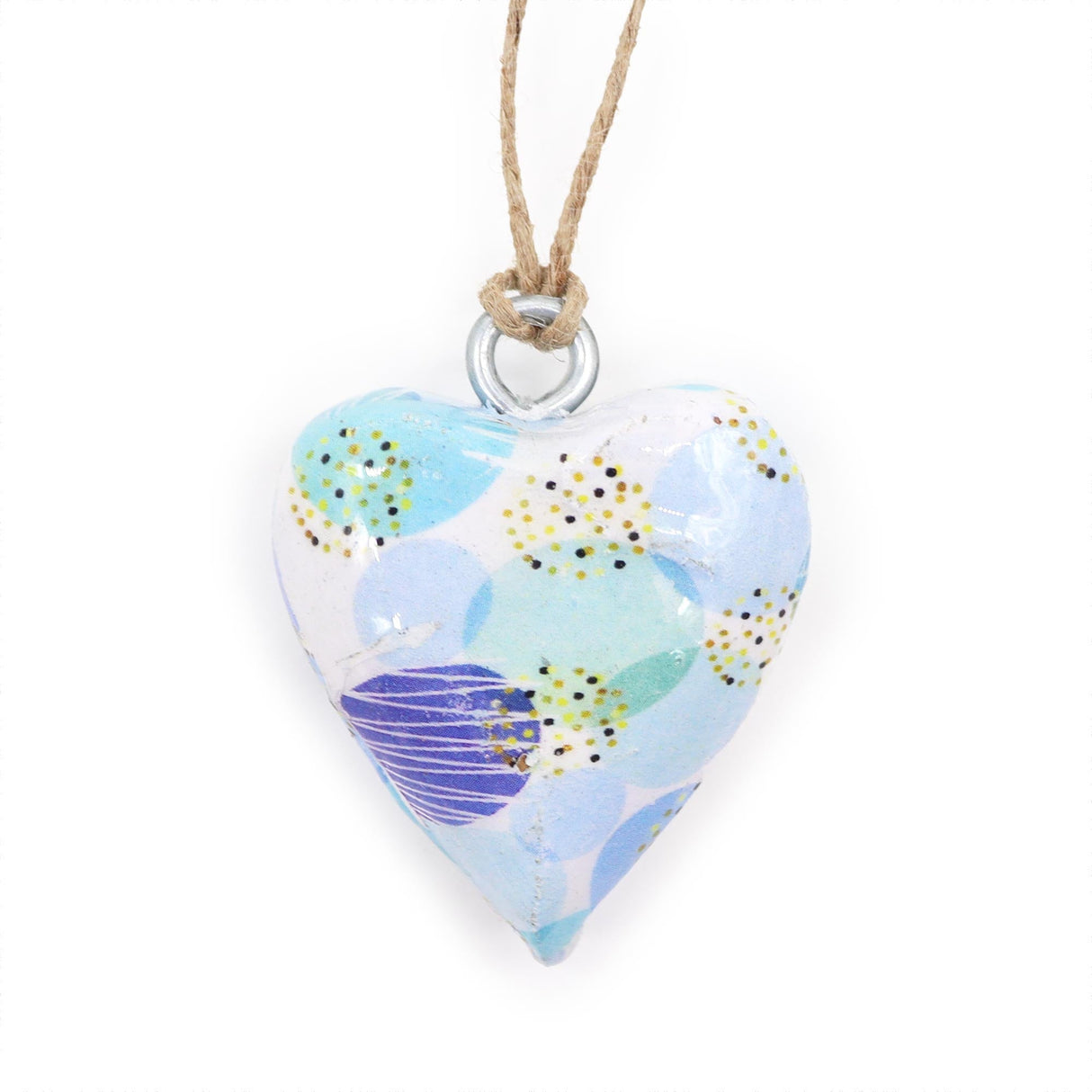Blue Abstract Small Wooden Heart Ornament - Decorative Hanging Art with Twine Loop - SHAMTAM.COM
