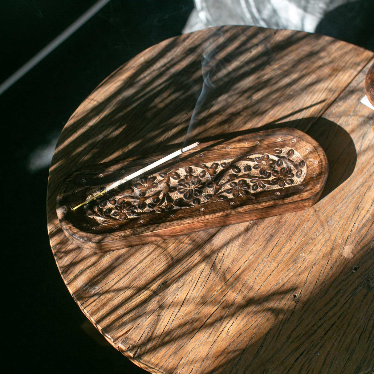 Handcrafted Wooden Incense Holder with Floral Carvings - Large 30x10cm Oval Tray - SHAMTAM.COM