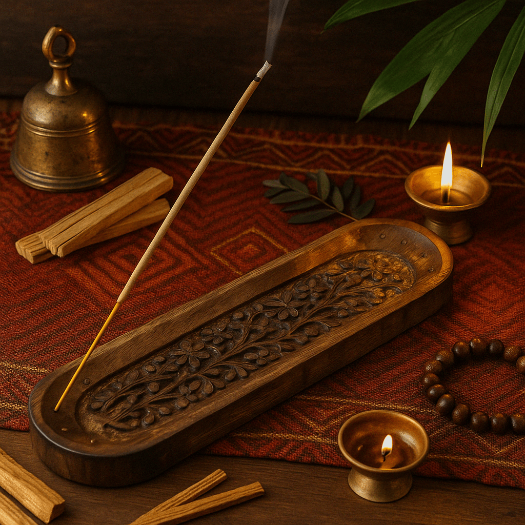 Handcrafted Wooden Incense Holder with Floral Carvings - Large 30x10cm Oval Tray - SHAMTAM.COM
