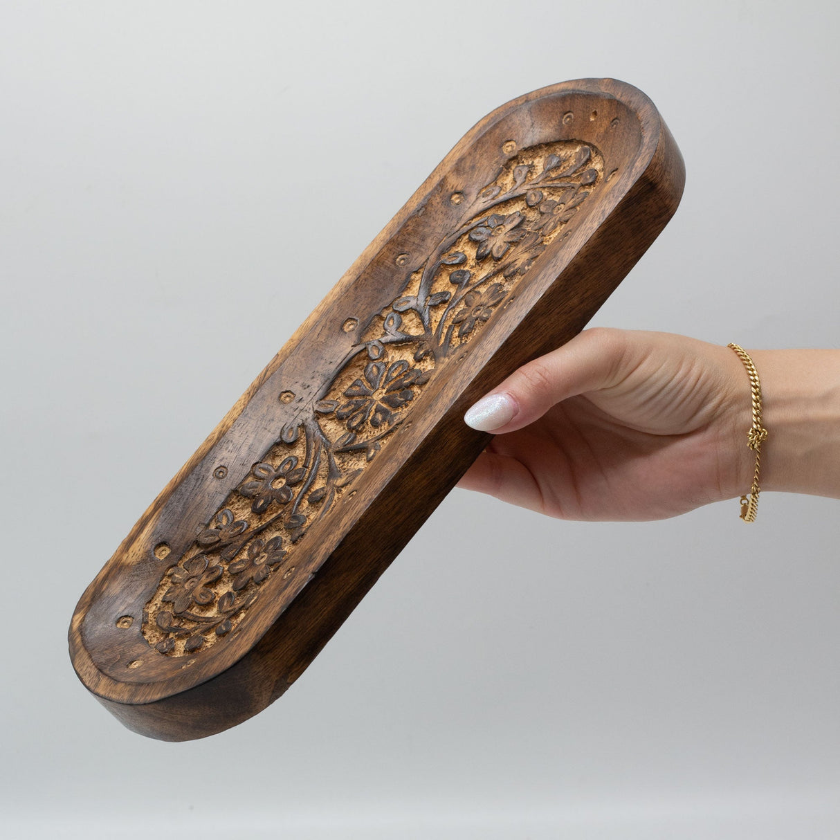 Handcrafted Wooden Incense Holder with Floral Carvings - Large 30x10cm Oval Tray - SHAMTAM.COM