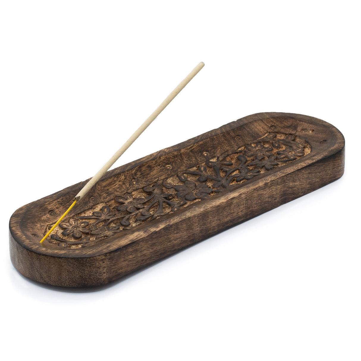 Handcrafted Wooden Incense Holder with Floral Carvings - Large 30x10cm Oval Tray - SHAMTAM.COM