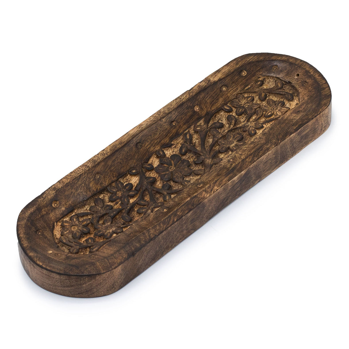 Handcrafted Wooden Incense Holder with Floral Carvings - Large 30x10cm Oval Tray - SHAMTAM.COM