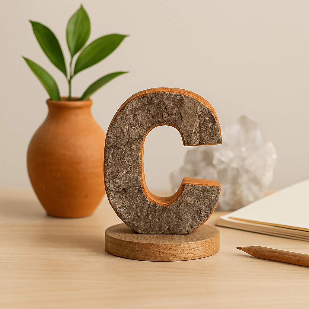 Wooden Letter C Rustic Bark, 7 cm - SHAMTAM.COM