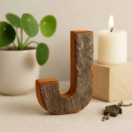 Wooden Letter J Rustic Bark, 7 cm - SHAMTAM.COM