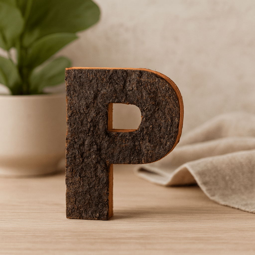 Wooden Letter P Rustic Bark 7 cm - SHAMTAM.COM