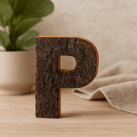Wooden Letter P Rustic Bark 7 cm - SHAMTAM.COM
