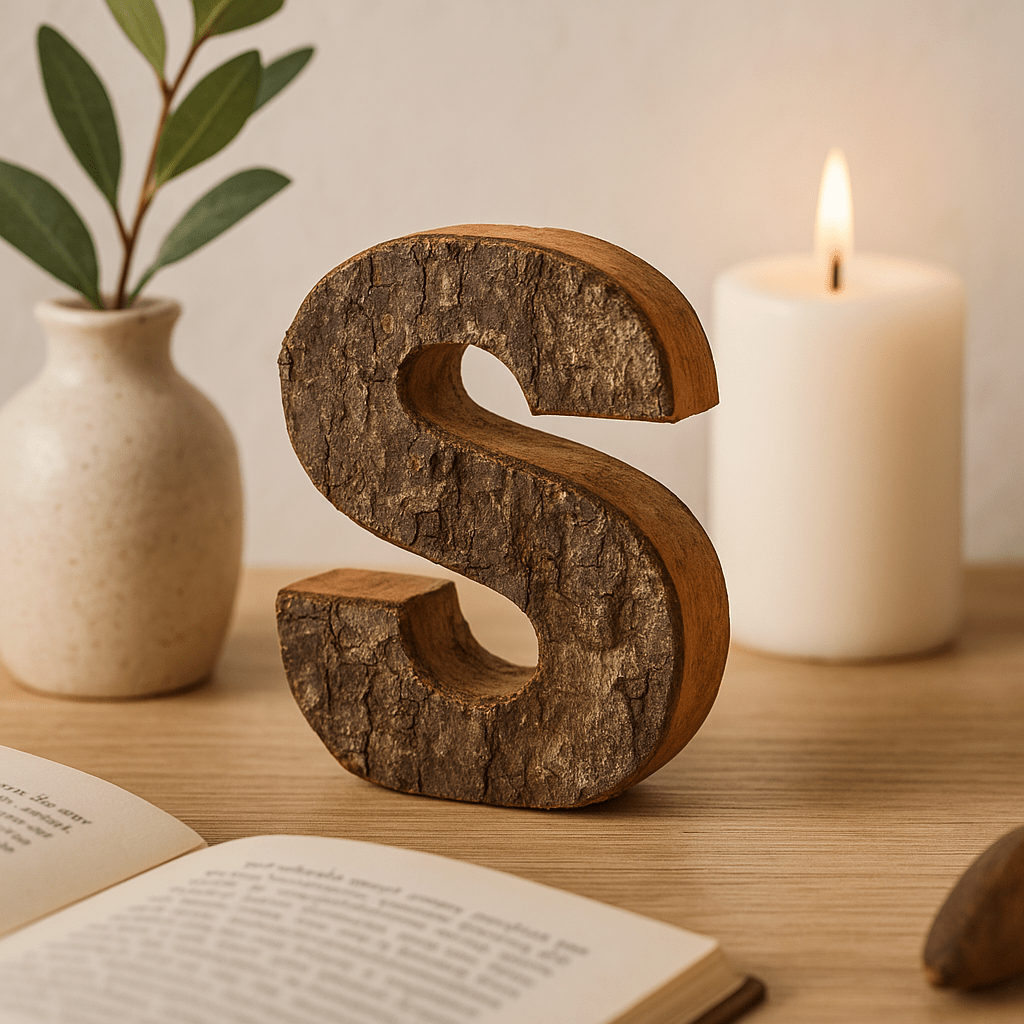 Wooden Letter S, Rustic Bark 7 cm - SHAMTAM.COM