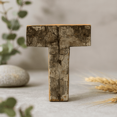 Wooden Letter T Rustic Bark, 7 cm - SHAMTAM.COM