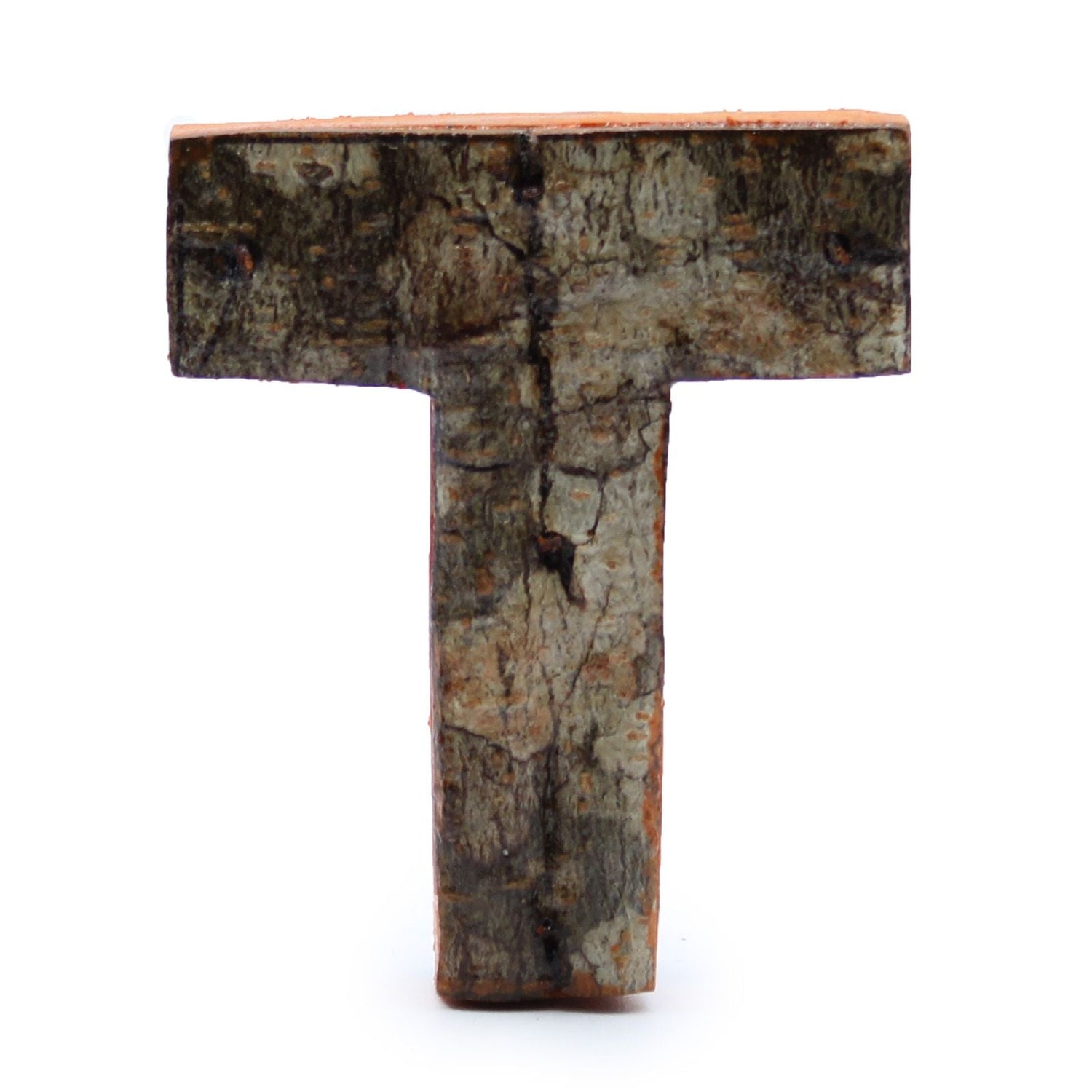 Wooden Letter T Rustic Bark, 7 cm - SHAMTAM.COM