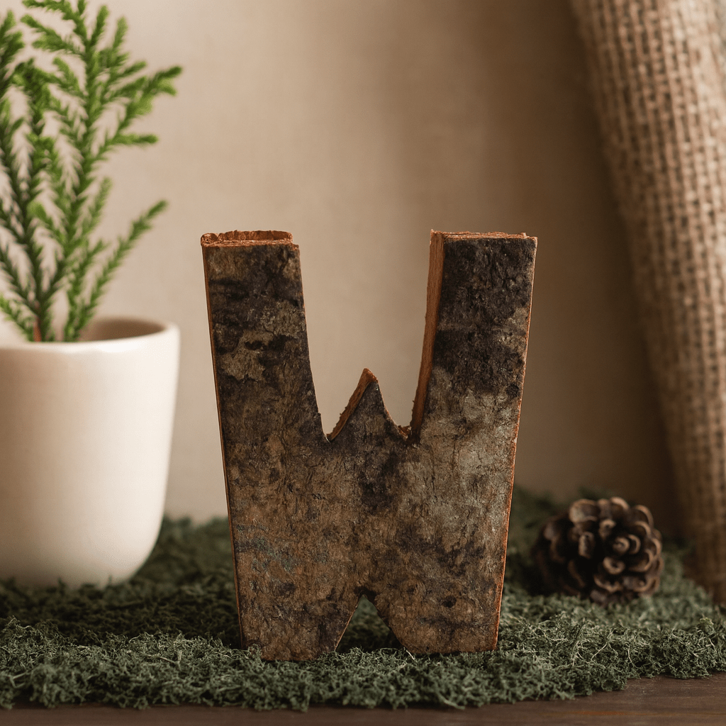 Wooden Letter W Rustic Bark 7 cm - SHAMTAM.COM