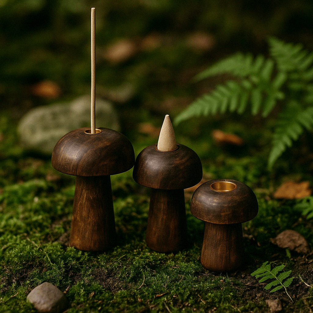 Rustic Wooden Mushroom Candle Holders Set - 3 - Piece Decorative Incense Cone Holders (10cm, 9cm, 8cm) with Dark Wood Finish - SHAMTAM.COM