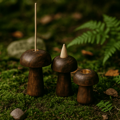 Rustic Wooden Mushroom Candle Holders Set - 3 - Piece Decorative Incense Cone Holders (10cm, 9cm, 8cm) with Dark Wood Finish - SHAMTAM.COM
