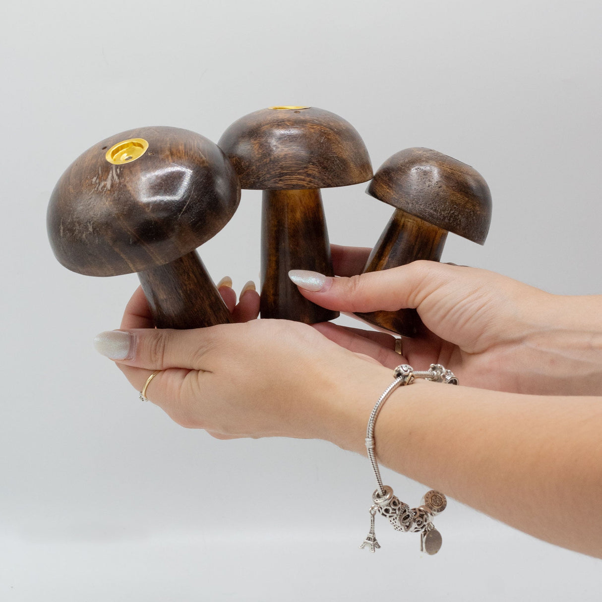 Rustic Wooden Mushroom Candle Holders Set - 3 - Piece Decorative Incense Cone Holders (10cm, 9cm, 8cm) with Dark Wood Finish - SHAMTAM.COM