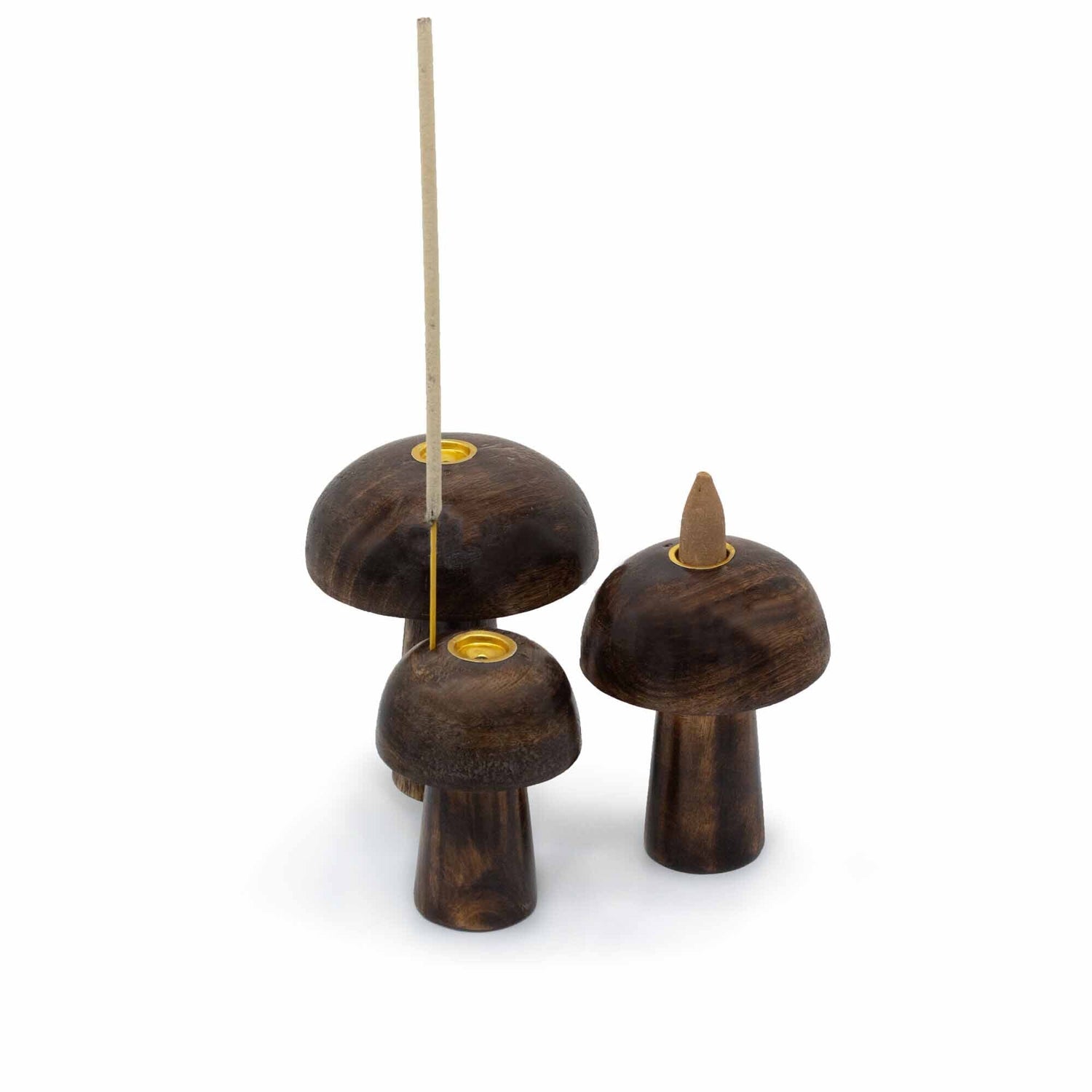 Rustic Wooden Mushroom Candle Holders Set - 3 - Piece Decorative Incense Cone Holders (10cm, 9cm, 8cm) with Dark Wood Finish - SHAMTAM.COM
