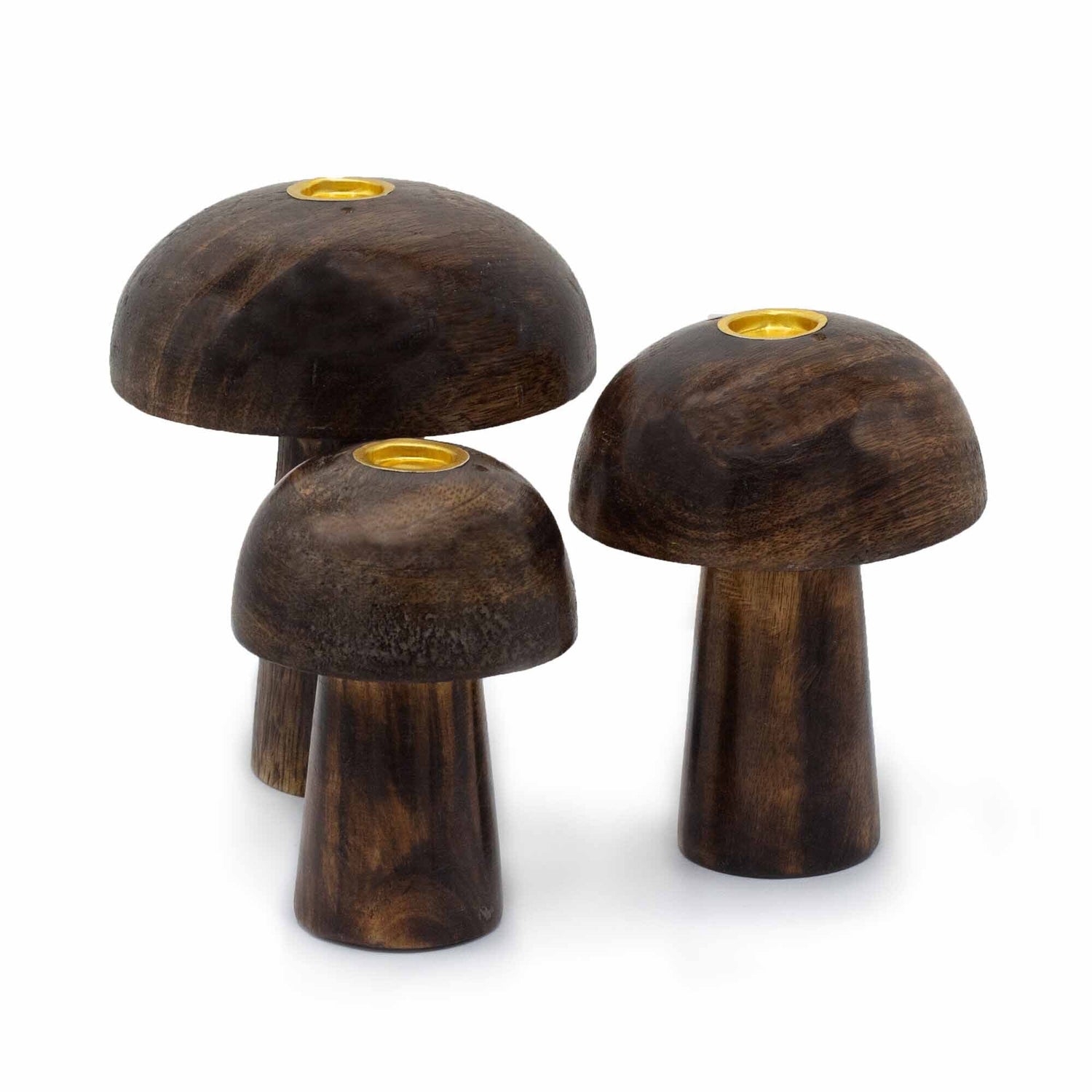 Rustic Wooden Mushroom Candle Holders Set - 3 - Piece Decorative Incense Cone Holders (10cm, 9cm, 8cm) with Dark Wood Finish - SHAMTAM.COM